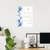 Dusty Blue Transparent Floral Baptism Affiche de b (Bureau à domicile)