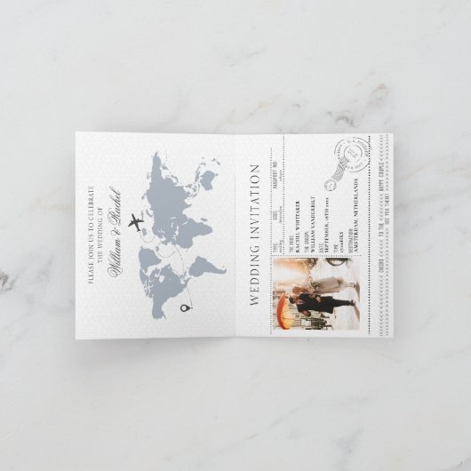 Dusty Blue Travel Bestemming Paspoort Bruiloft Aankondiging (Binnen)