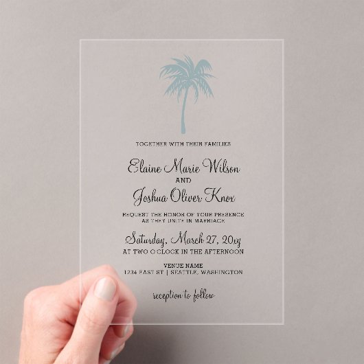 Dusty Blue Tropical Palm Tree Invitations de maria (In situ (ordinateur de poche))