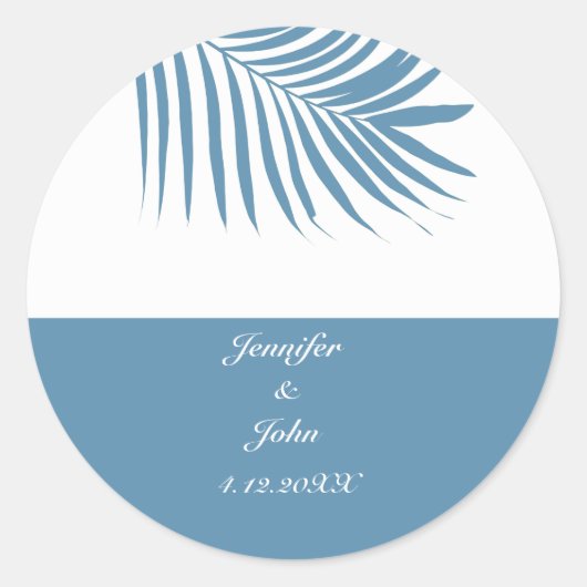 Dusty Blue Tropical Palm Tree Leaf Cool Wedding Ronde Sticker (Voorkant)