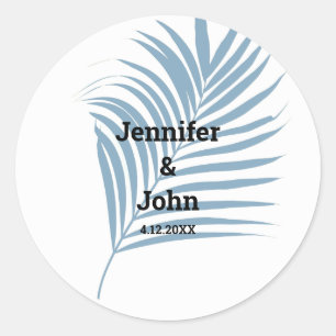 Dusty Blue Tropical Palm Tree Leaf Cute Wedding Ronde Sticker