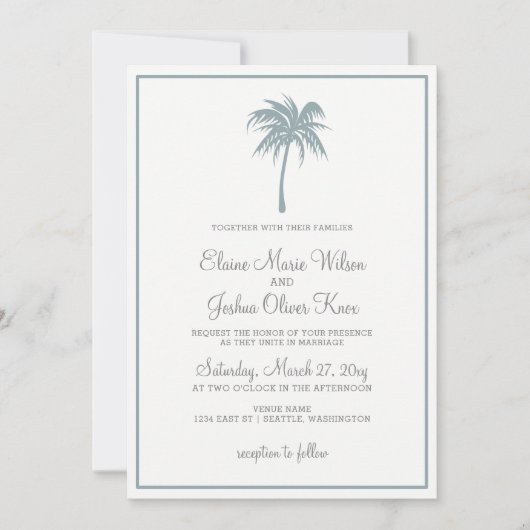Dusty Blue Tropical Palm Tree Wedding Invitations Kaart (Voorkant)