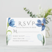 Dusty Blue Tulip Waterverf Peony Wedding RSVP Kaart (Staand voorkant)