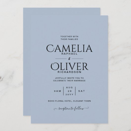 Dusty Blue Typographie uniquement Faire-part de ma (Devant / Derrière)