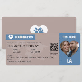 Dusty Blue & Warm Taupe Boarding Pass Wedding Kaart