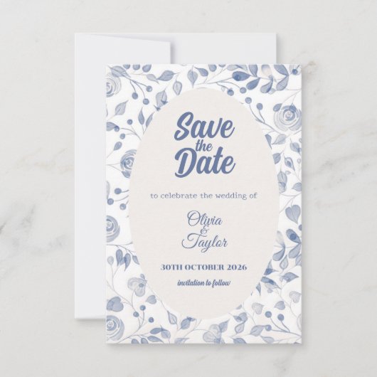 Dusty Blue Watercolor Flora Save The Date Card (Devant)