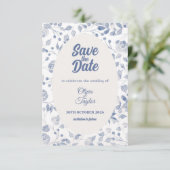 Dusty Blue Watercolor Flora Save The Date Card (Debout devant)