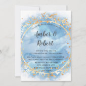 Dusty Blue Watercolor Gold Wedding Invitations (Devant)
