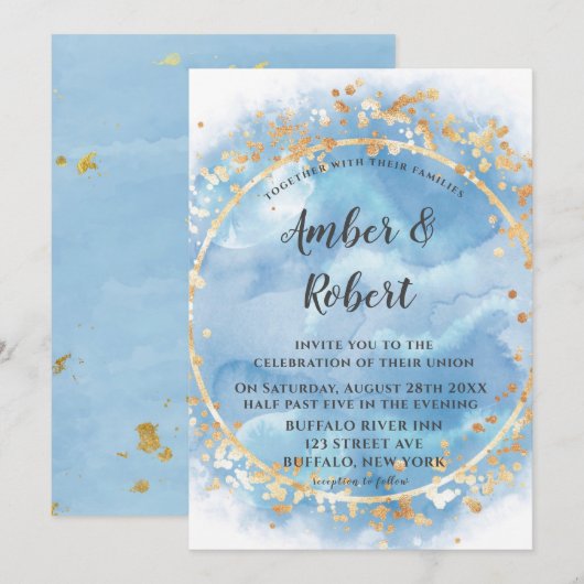 Dusty Blue Watercolor Gold Wedding Invitations (Devant / Derrière)