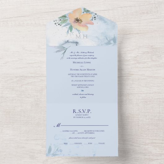 Dusty Blue Watercoloured Peach Wild Roos All In One Uitnodiging (Binnen)