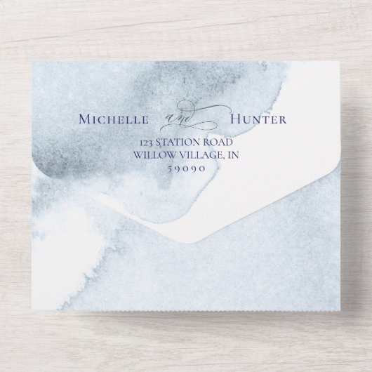 Dusty Blue Watercoloured Peach Wild Roos All In One Uitnodiging (Achterkant)