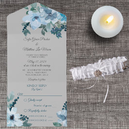 Dusty Blue Waterverf Bloemen op Bord Grijs All In One Uitnodiging