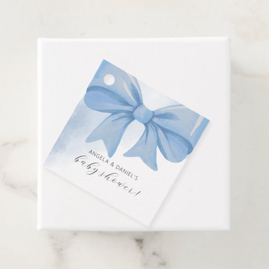 Dusty Blue Waterverf Bow Baby shower Bedankjes Labels (In situ)