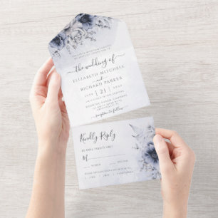 Dusty Blue Waterverf Floral Botanical Wedding All In One Uitnodiging