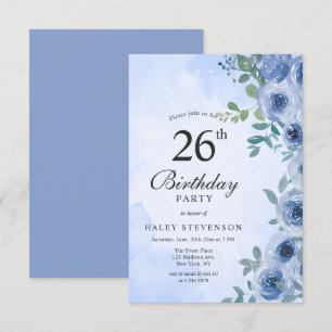 Dusty Blue Waterverf Floral Chic 26ste Verjaardag Kaart