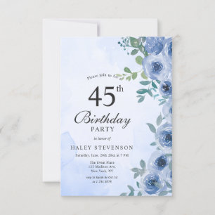 Dusty Blue Waterverf Floral Chic 45th Birthday In Kaart
