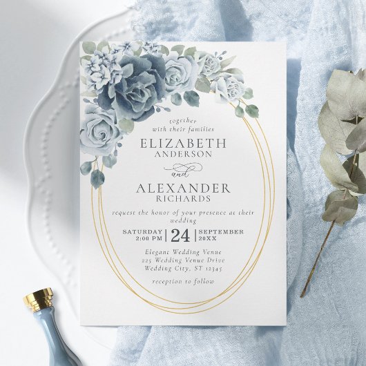 Dusty Blue Waterverf Floral Elegant Wedding Kaart