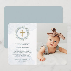  Dusty Blue Waterverf Floral Foto Baptisme Kaart