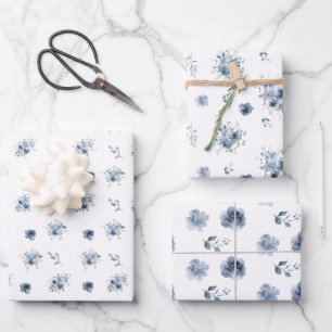 Dusty Blue Waterverf Floral Inpakpapier Vel