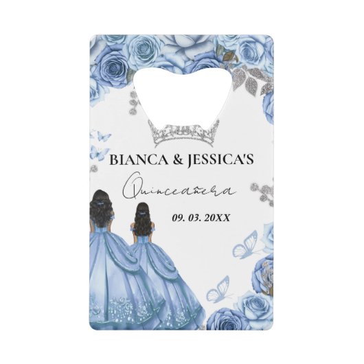 Dusty Blue Waterverf Floral Twin Quinceañera Kredietkaart Flessenopener (Voorkant)