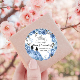 Dusty Blue Waterverf Floral Twin Quinceañera Ronde Sticker