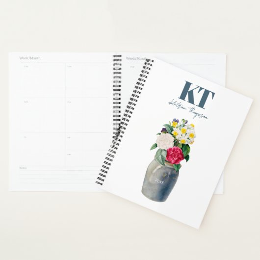 Dusty Blue Waterverf Floral  Vase Monogram Planner (Display)