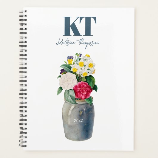 Dusty Blue Waterverf Floral  Vase Monogram Planner (Voorkant)