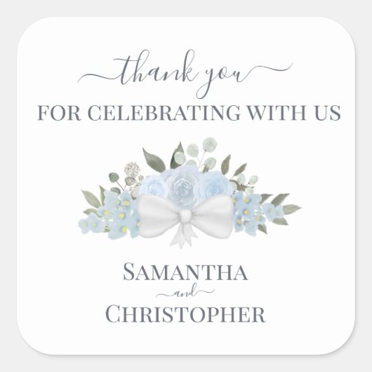 Dusty Blue Waterverf Floral Wedding Dank je Vierkante Sticker (Voorkant)