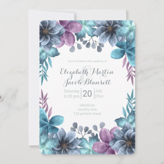 Dusty Blue Waterverf Floral Wedding Kaart (Voorkant)