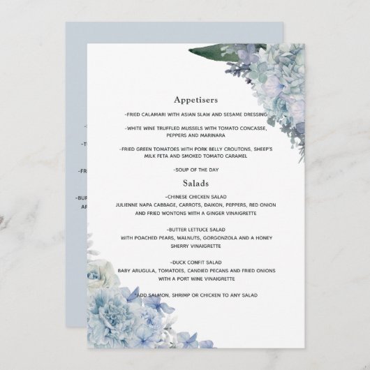 Dusty Blue Waterverf floral Wedding Menu (Voorkant / Achterkant)