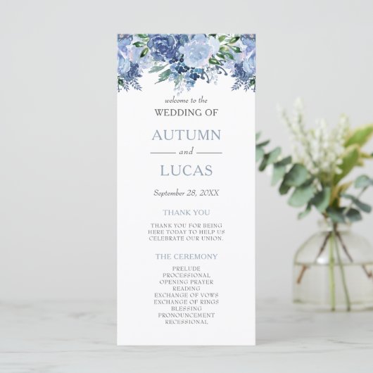Dusty Blue Waterverf Floral Wedding Programma (Staand voorkant)