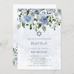  Dusty Blue Waterverf Flowers   Bat Mitzvah Kaart