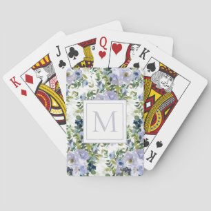Dusty Blue Waterverf Flowers Monogram Pokerkaarten