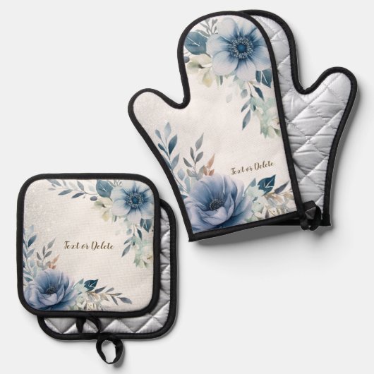 Dusty Blue Waterverf Flowers Silver Elegant Ovenwant & Pannenlap Set (Voorkant / Achterkant)