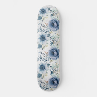 Dusty Blue Waterverf Flowers Silver Elegant Skateboard
