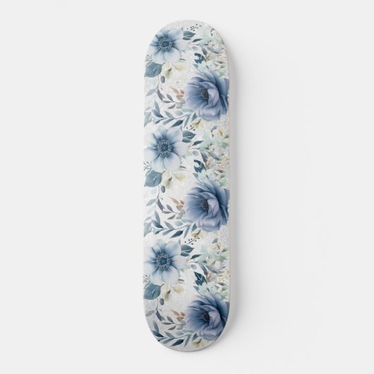 Dusty Blue Waterverf Flowers Silver Elegant Skateboard (Voorkant)
