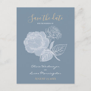 Dusty Blue Waterverf Gilded Roos Save the Date Briefkaart