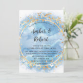 Dusty Blue Waterverf Gold Wedding Invitations (Staand voorkant)