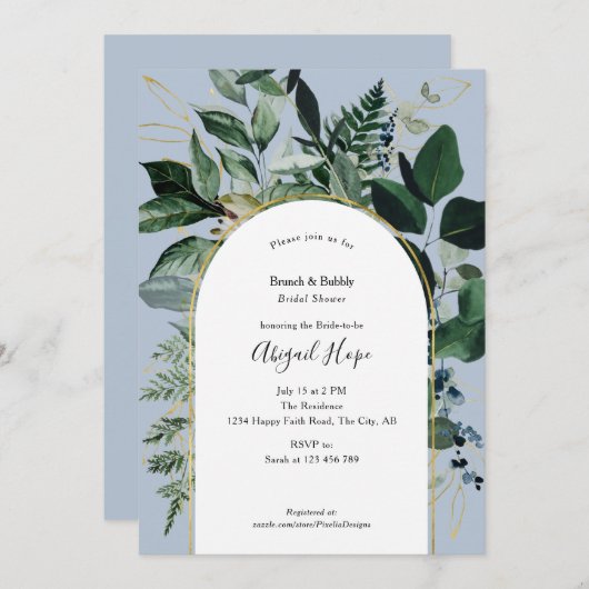 Dusty BLue Waterverf Greenery Bruids lunch Kaart (Voorkant / Achterkant)