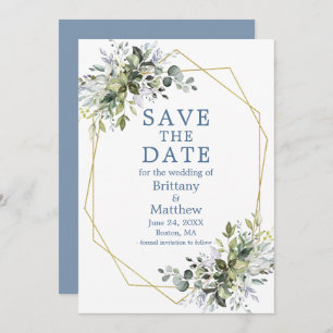 Dusty Blue Waterverf Greenery Gold Geo Lijst Save The Date