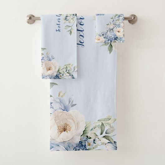 Dusty Blue Waterverf Ivoren Bloemen Bladeren Bad Handdoek (Insitu)