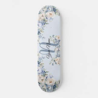 Dusty Blue Waterverf Ivory Flowers Leaves Rustic Skateboard