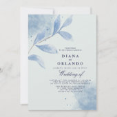 Dusty Blue Waterverf Leaf Wedding Invitation Kaart (Voorkant)