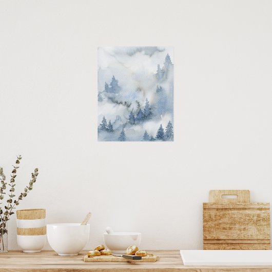 Dusty Blue Waterverf Misty Abstract Forest Poster (Keuken)