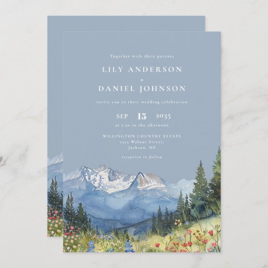 Dusty Blue Waterverf Mountain QR Code Wedding Kaart (Voorkant / Achterkant)