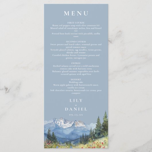 Dusty Blue Waterverf Mountain Wildflower Wedding Menu (Voorkant)