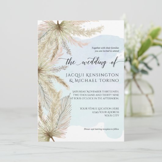 Dusty Blue Waterverf Pampas Grass Palm Greenery Kaart (Staand voorkant)