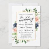 Dusty Blue Waterverf Rozen Calligraphy Wedding Kaart (Voorkant)