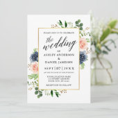 Dusty Blue Waterverf Rozen Calligraphy Wedding Kaart (Staand voorkant)