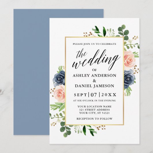 Dusty Blue Waterverf Rozen Calligraphy Wedding Kaart (Voorkant / Achterkant)